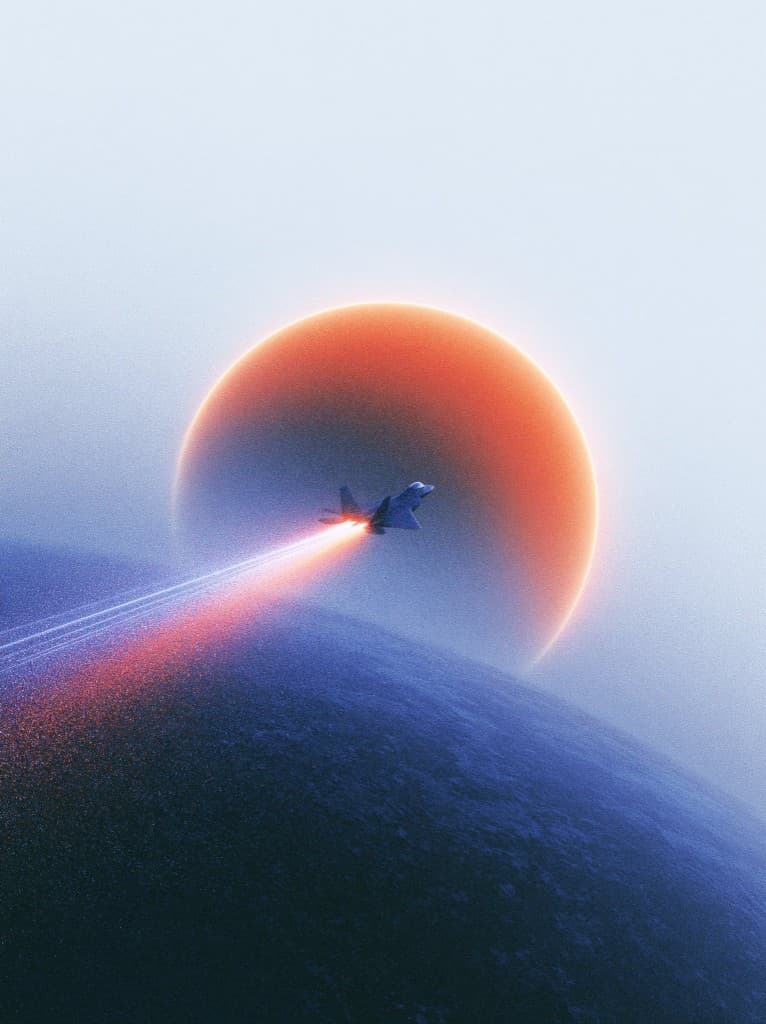 Jet ascending past a glowing planet